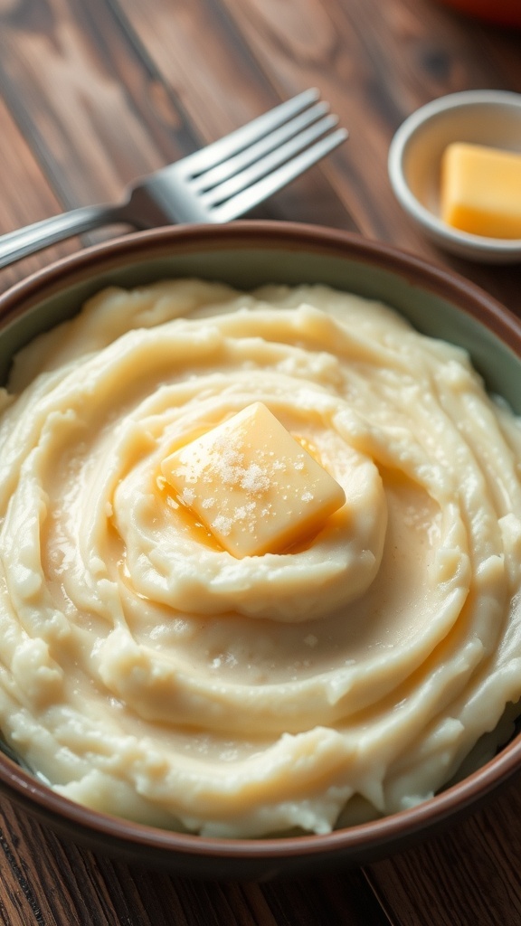A bowl of creamy mashed potatoes with butter on top, served on a rustic wooden table.